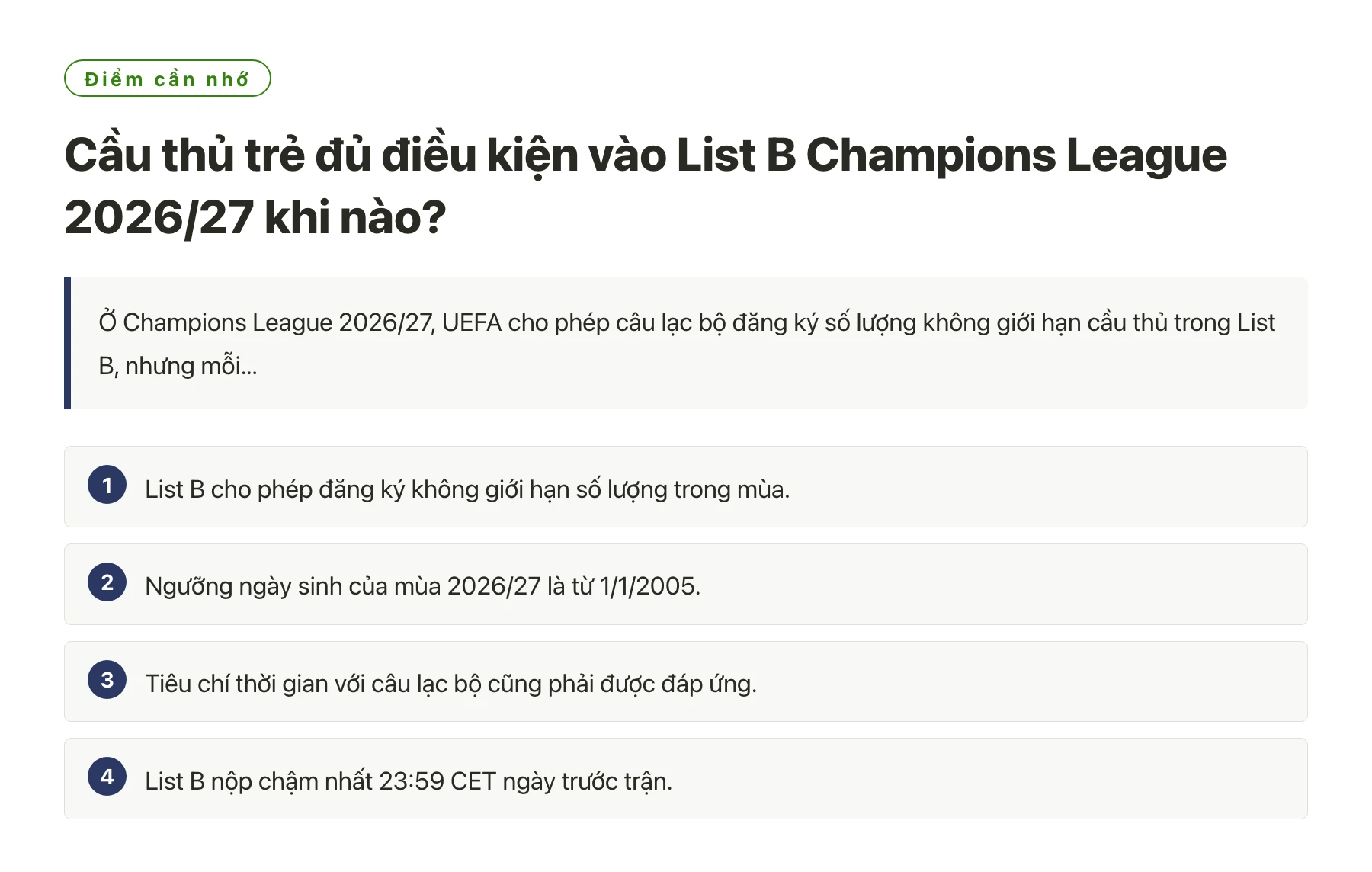 Cầu thủ trẻ đủ điều kiện vào List B Champions League 2026/27 khi nào?——全文要点速览